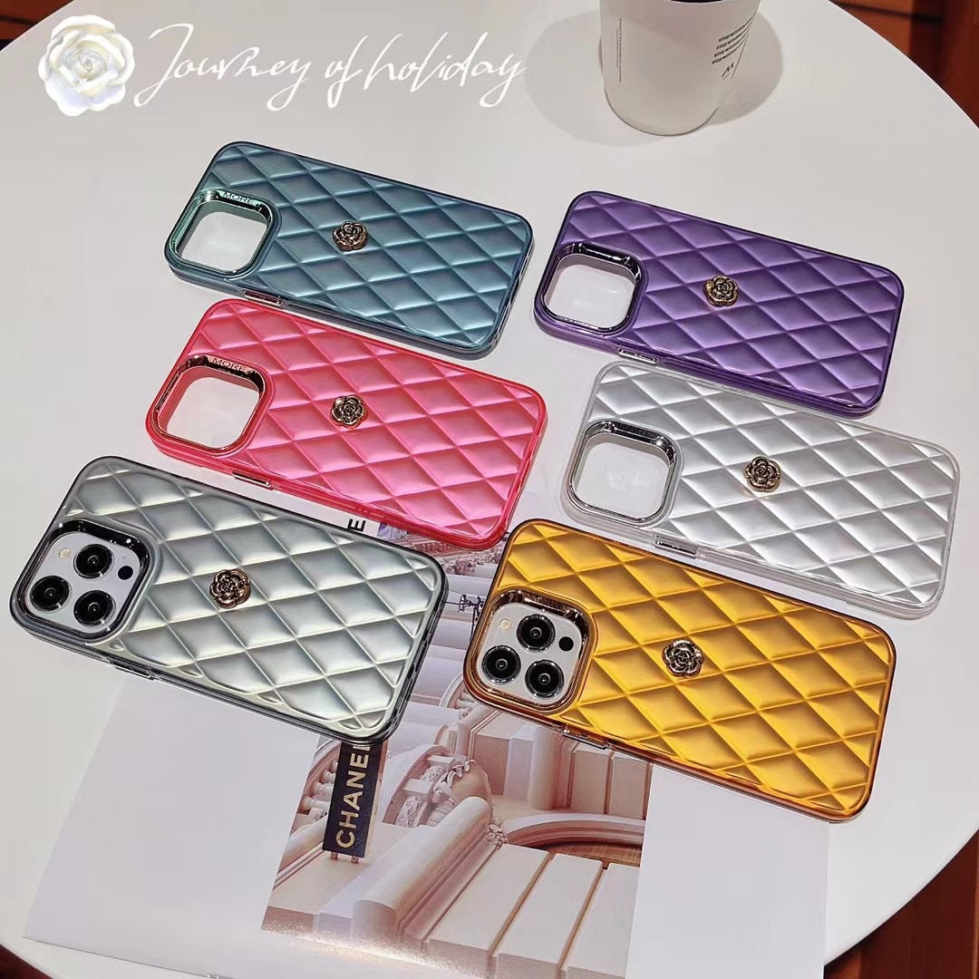 Electroplated Silver Camellia Phone Case for iPhone 16 Pro Max – Diamond Pattern Hard Case for Women