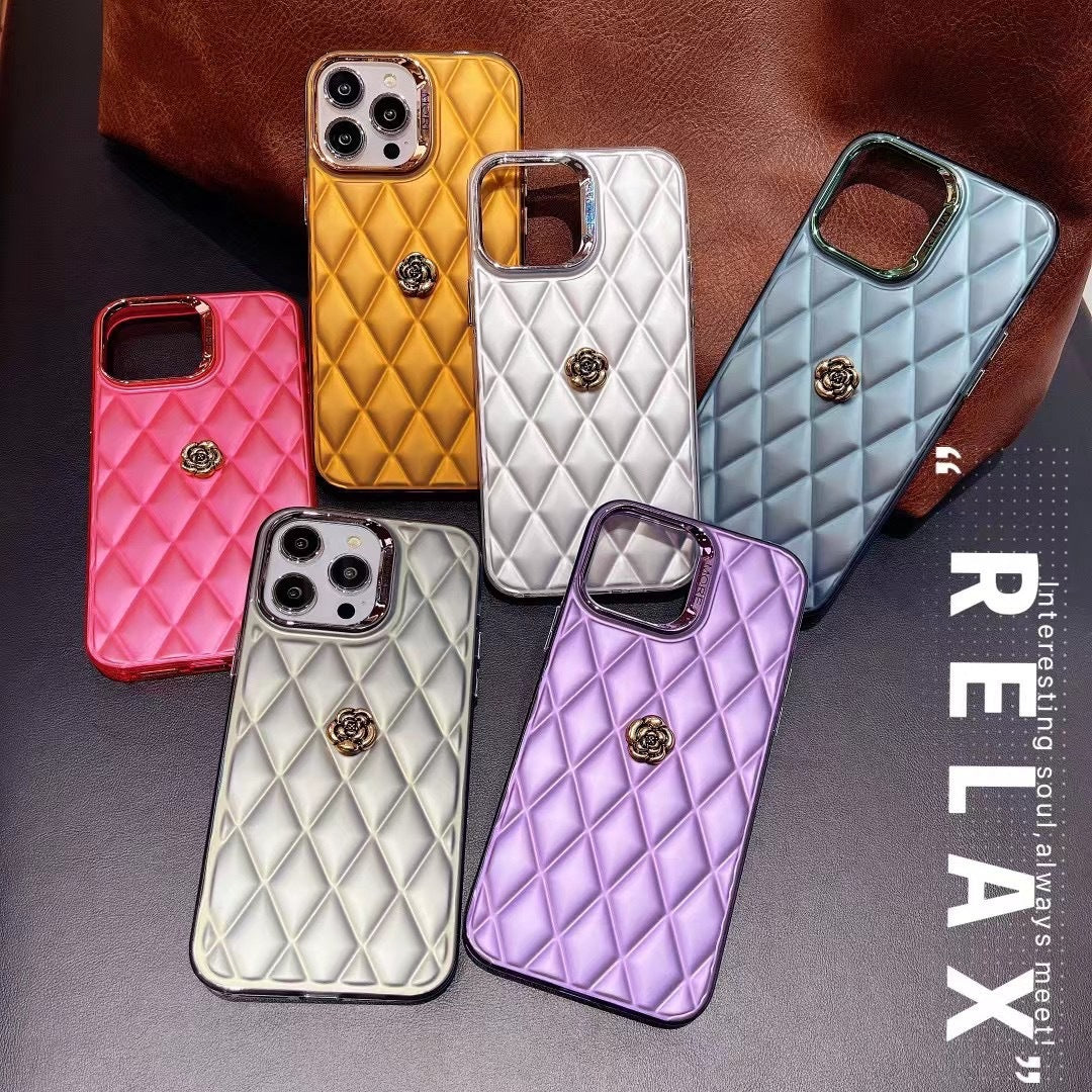 Electroplated Silver Camellia Phone Case for iPhone 16 Pro Max – Diamond Pattern Hard Case for Women