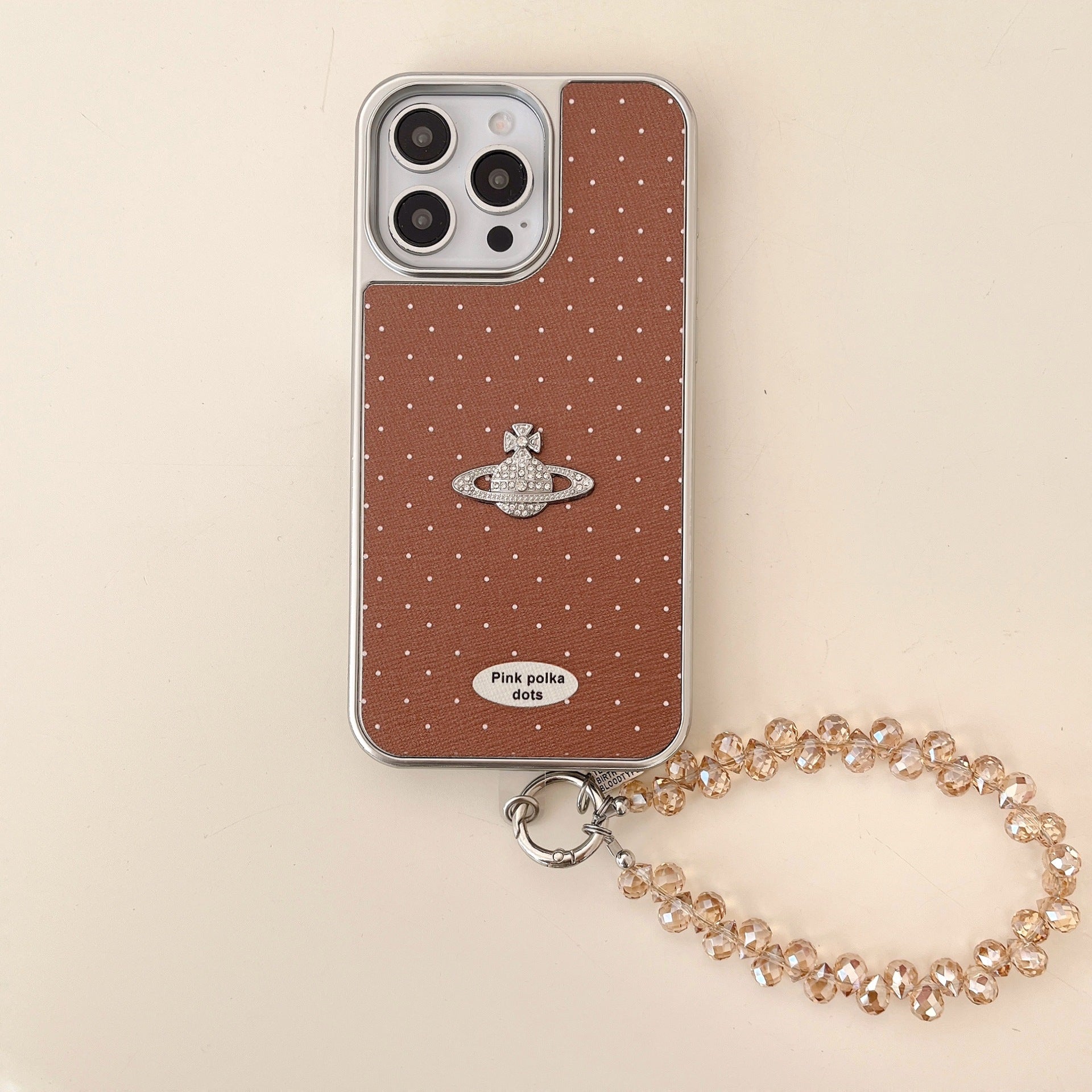 Luxury Leather & Planet iPhone 16 Pro Max Case – Polka Dots & 3D Holographic Design