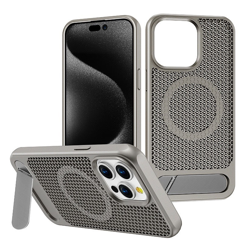 Luxury Magnetic Honeycomb Phone Case with Stand – Heat Dissipation & Wireless Charging for iPhone 15 Pro Max