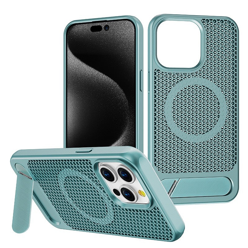 Luxury Magnetic Honeycomb Phone Case with Stand – Heat Dissipation & Wireless Charging for iPhone 15 Pro Max