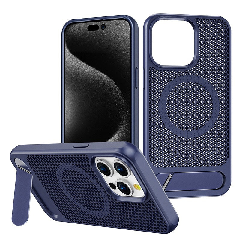 Luxury Magnetic Honeycomb Phone Case with Stand – Heat Dissipation & Wireless Charging for iPhone 15 Pro Max