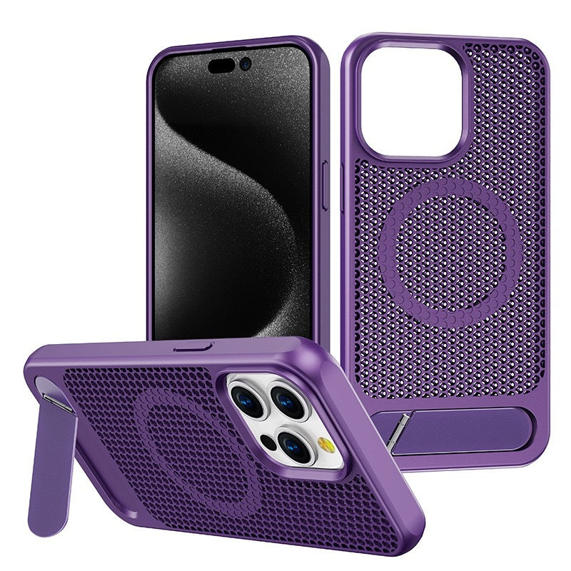 Luxury Magnetic Honeycomb Phone Case with Stand – Heat Dissipation & Wireless Charging for iPhone 15 Pro Max