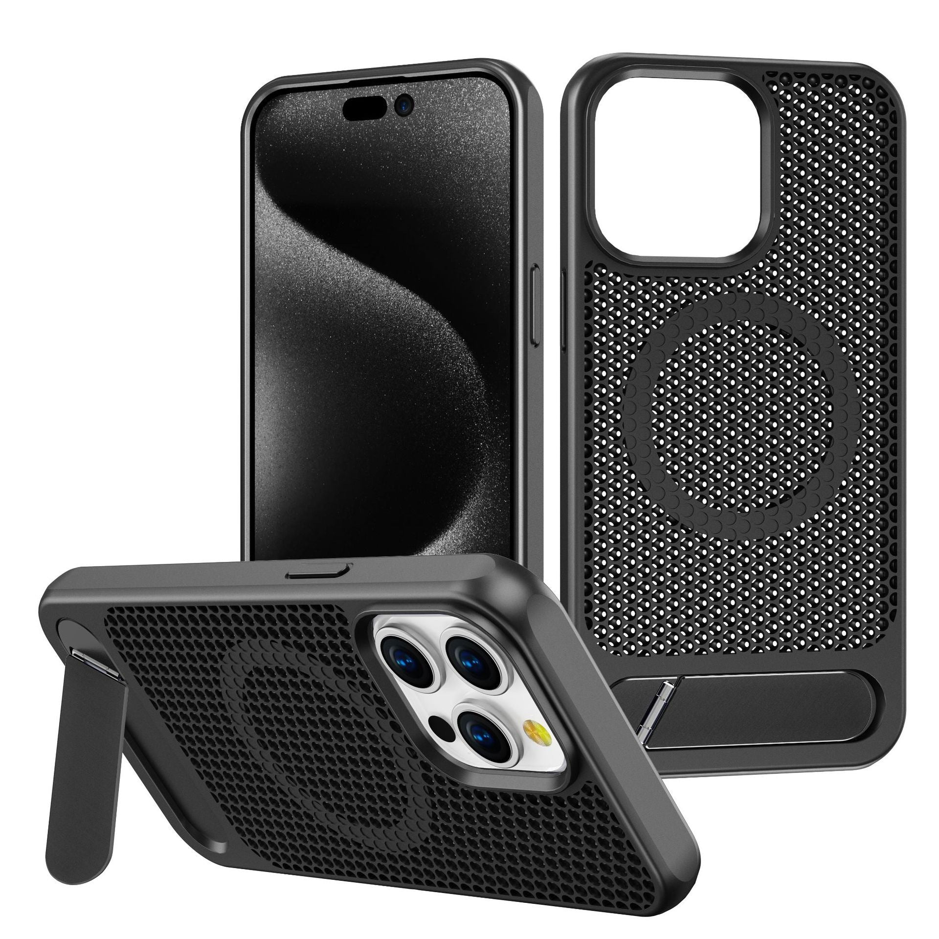 Luxury Magnetic Honeycomb Phone Case with Stand – Heat Dissipation & Wireless Charging for iPhone 15 Pro Max