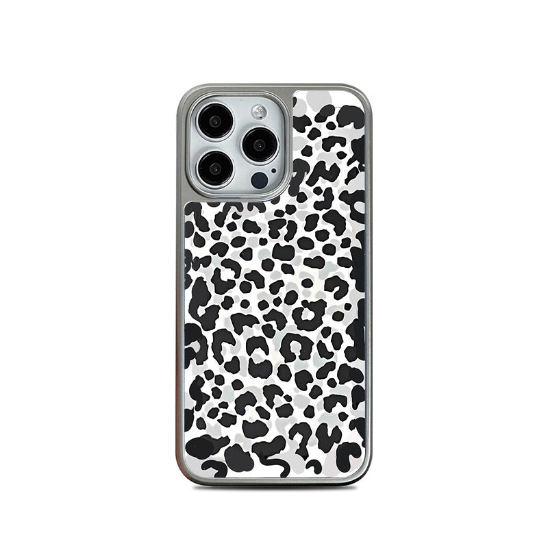 White Leopard Print iPhone 16 Pro Max Case with Electroplated Silver Edges