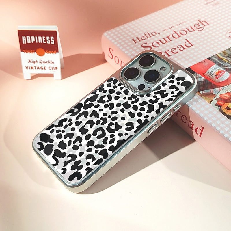 White Leopard iPhone 16 Pro Max Case – Frosted Crystal Ceramic with Electroplated Silver Edges