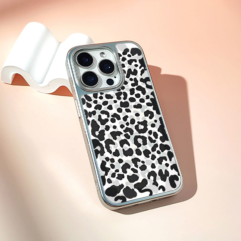 White Leopard iPhone 16 Pro Max Case – Frosted Crystal Ceramic with Electroplated Silver Edges