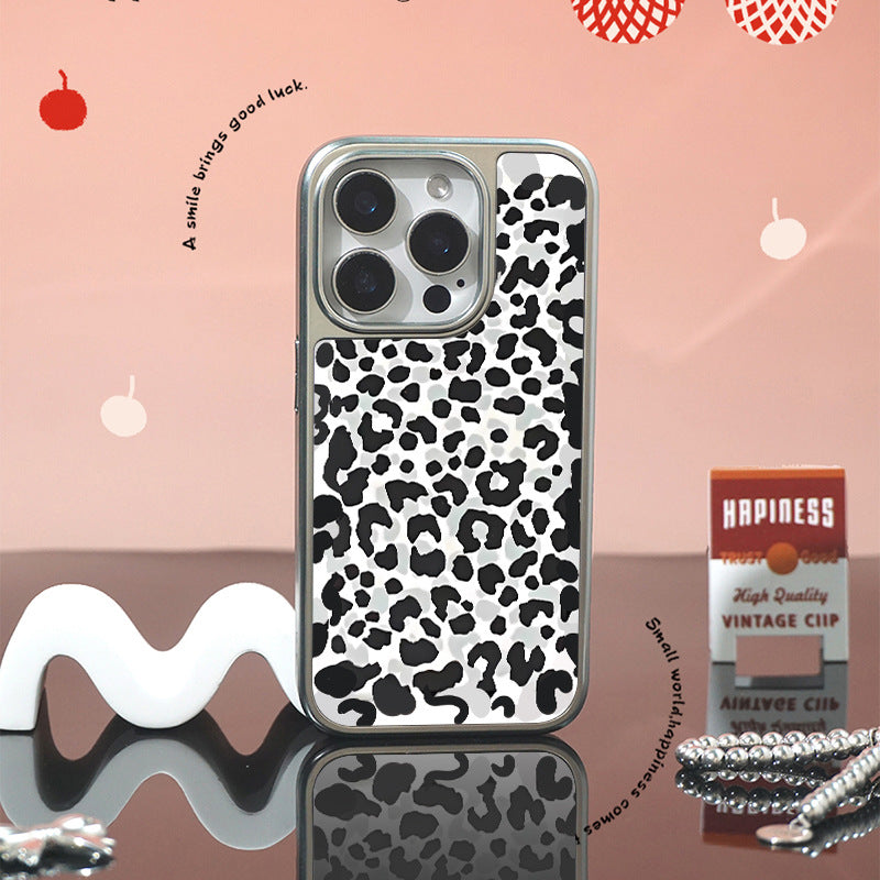 White Leopard iPhone 16 Pro Max Case – Frosted Crystal Ceramic with Electroplated Silver Edges