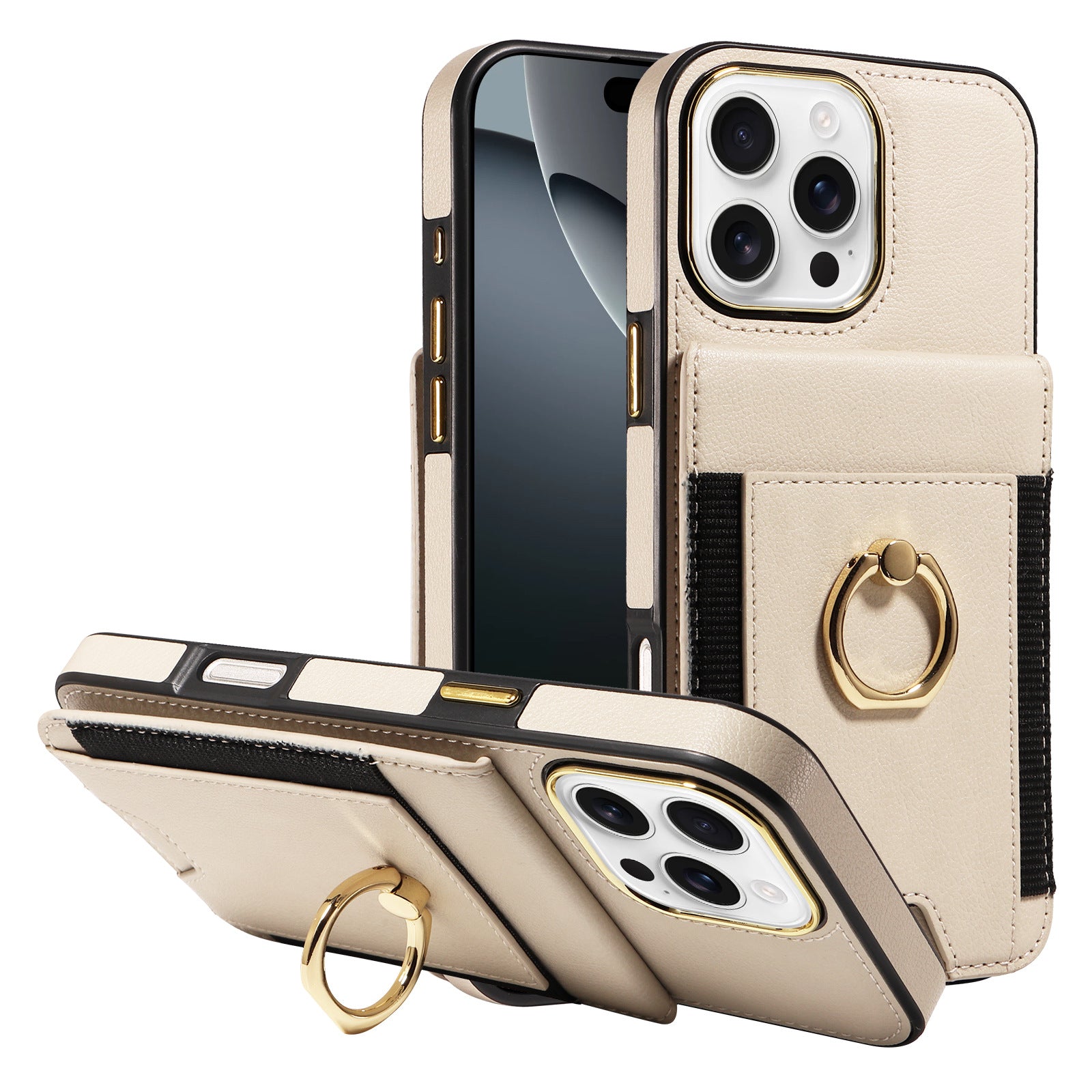 iPhone 16 Pro Leather Case with Rotatable Ring Holder
