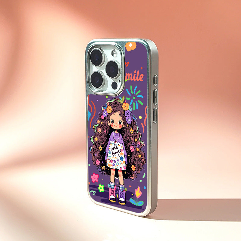 Purple Graffiti Girl iPhone 15 Pro Max Case – Electroplated Silver Frosted Cover