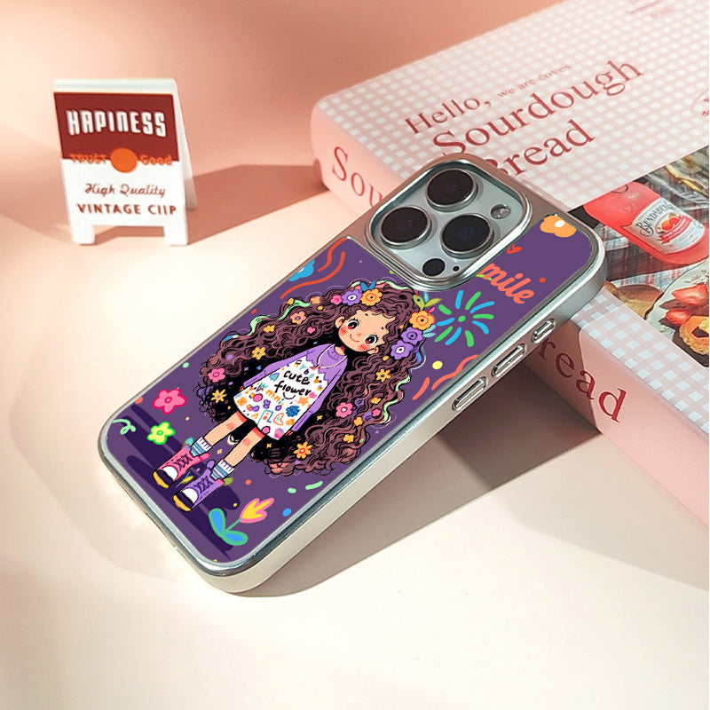 Purple Graffiti Girl iPhone 15 Pro Max Case – Electroplated Silver Frosted Cover