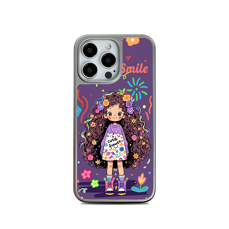 Purple Graffiti Girl iPhone 15 Pro Max Case with Silver Electroplated Edges