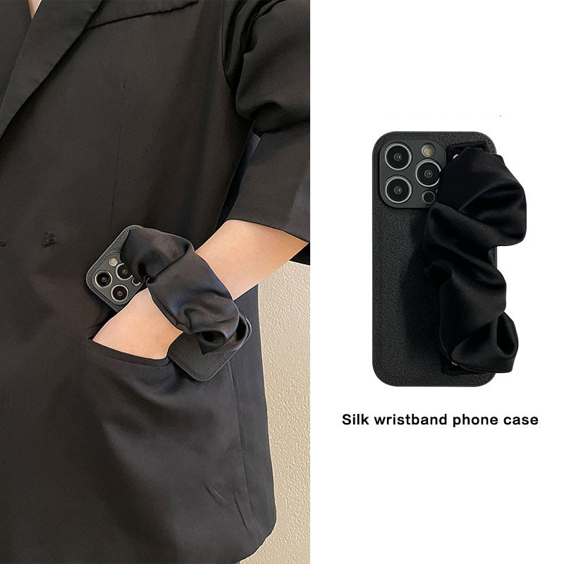 Silk Scarf Wrist Strap Crossbody Phone Case for iPhone 14 Pro Max/15/16 – Women's Silicone Hard Cover