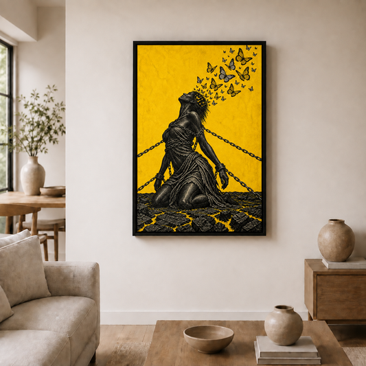Chained Figure and Butterflies Symbolic printed canvas wall art in black frame room scene