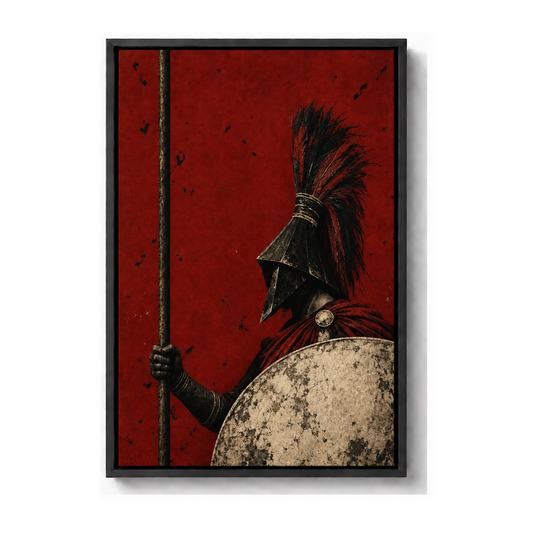 classical guardian with crimson shield black frame canvas print