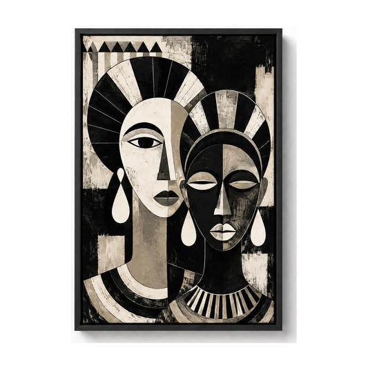 Overlapping Geometric Faces Abstract Canvas Wall Art with black floater frame — styled room view, image 2