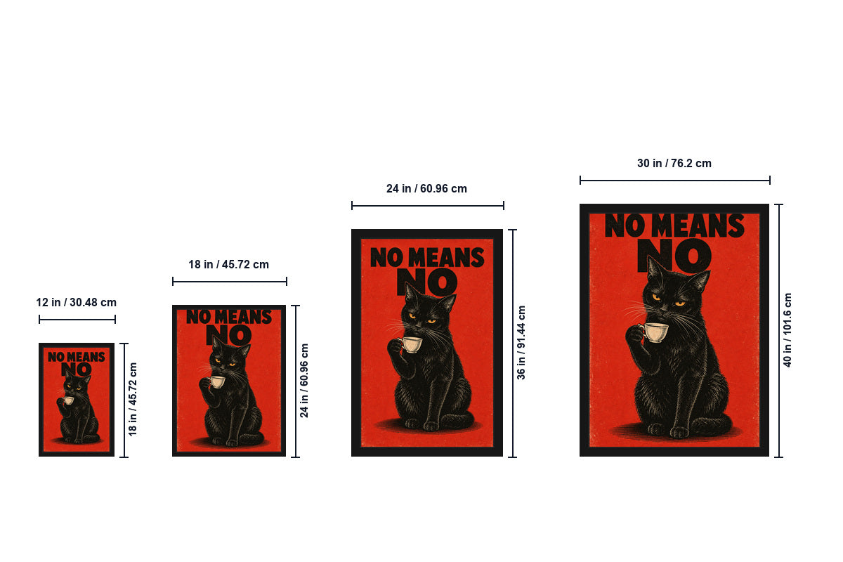 NO MEANS NO Black Cat Retro Canvas Wall Art size comparison guide