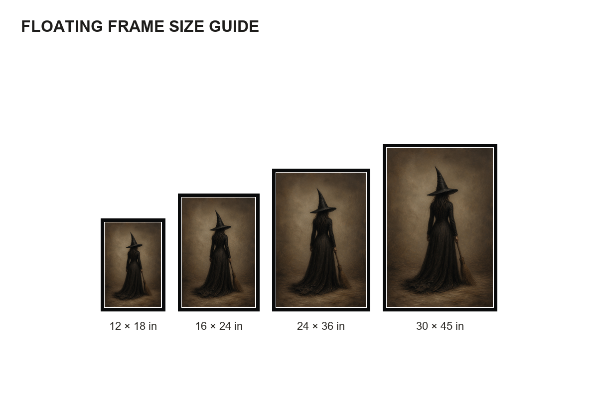 Lone Witch with Broom Dark Fantasy Canvas Wall Art - Floating Frame Size Guide