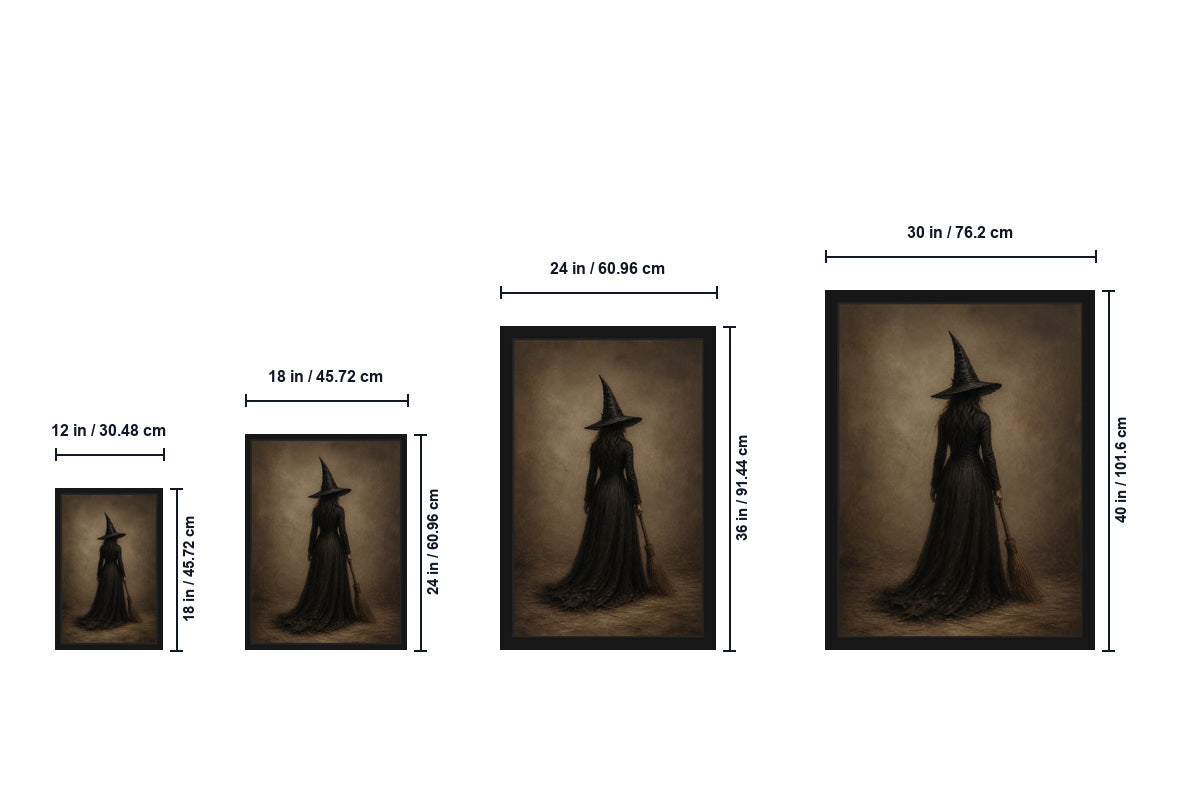 Lone Witch with Broom Dark Fantasy Canvas Wall Art - Floating Frame Size Guide