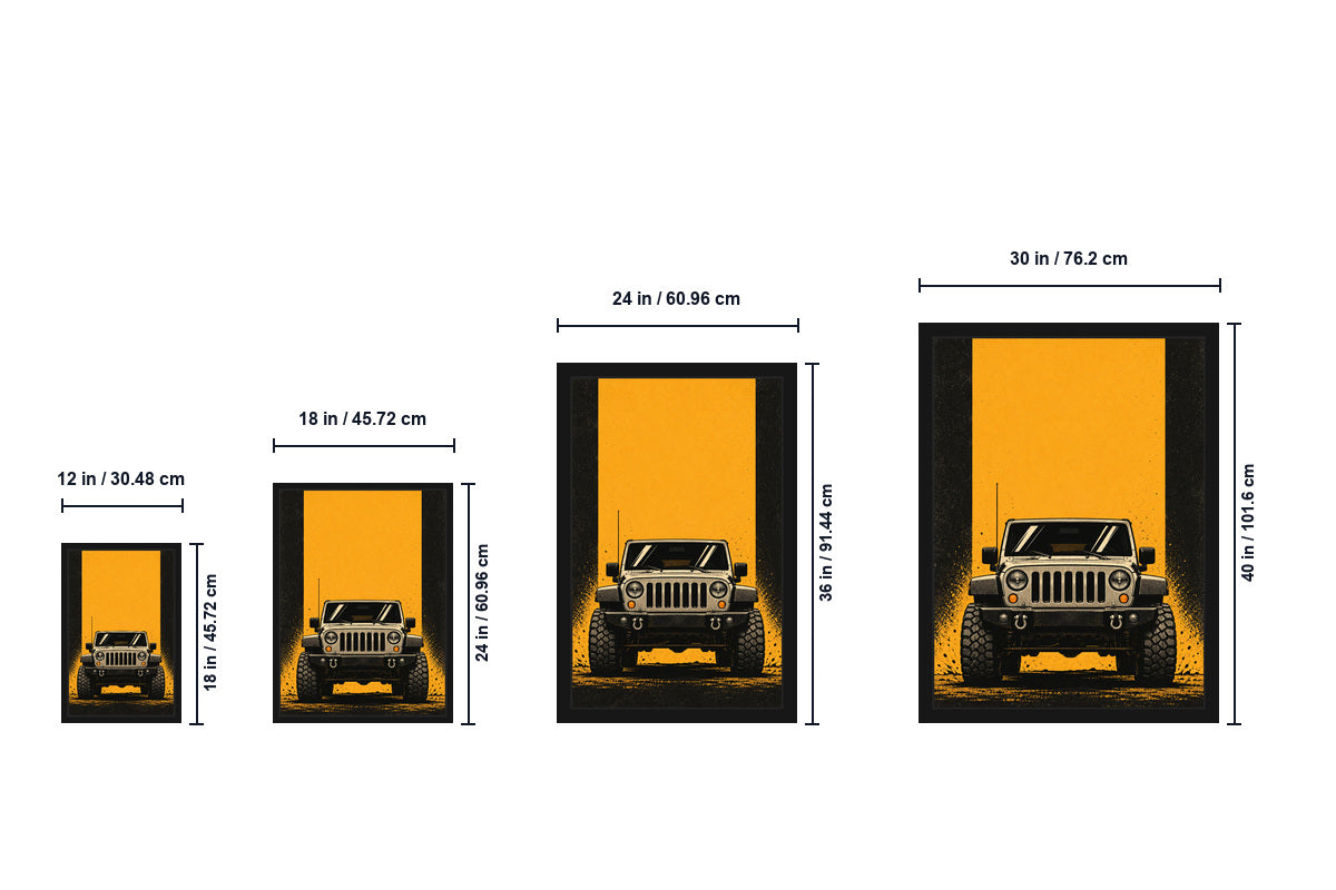 Guia de comparação de tamanhos da arte de parede retro em tela com SUV todo-o-terreno visto de frente