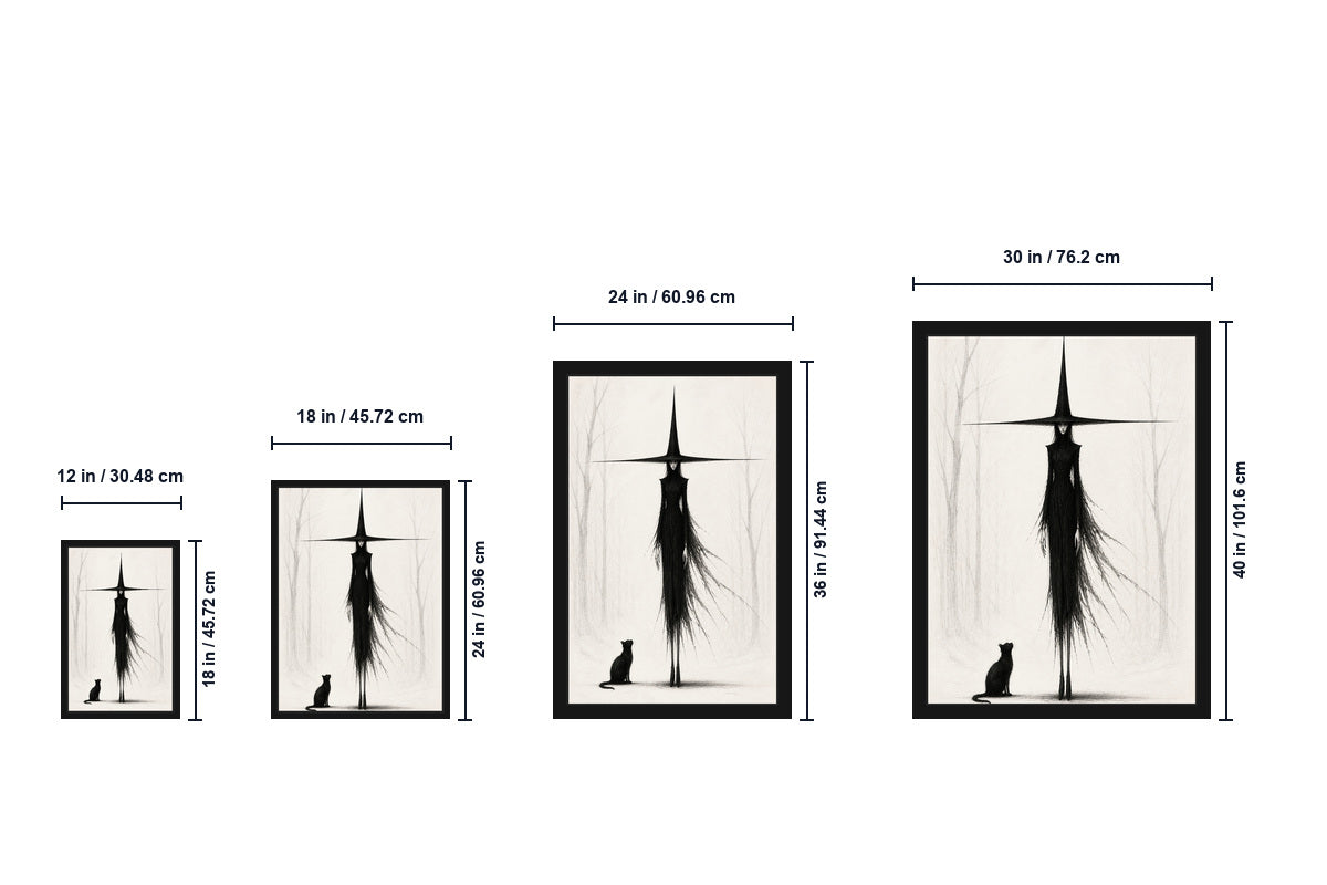 Tall Witch and Black Cat Monochrome Canvas Wall Art - Floating Frame Size Guide