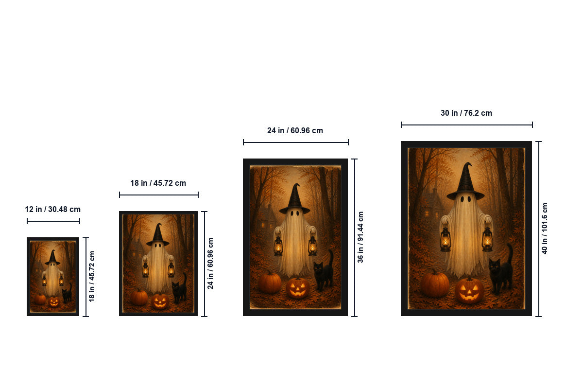 Ghost Lanterns and Black Cat Halloween Canvas Wall Art - Floating Frame Size Guide