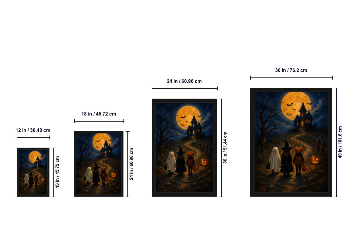 Trick or Treat Haunted House Halloween Canvas Wall Art - Floating Frame Size Guide