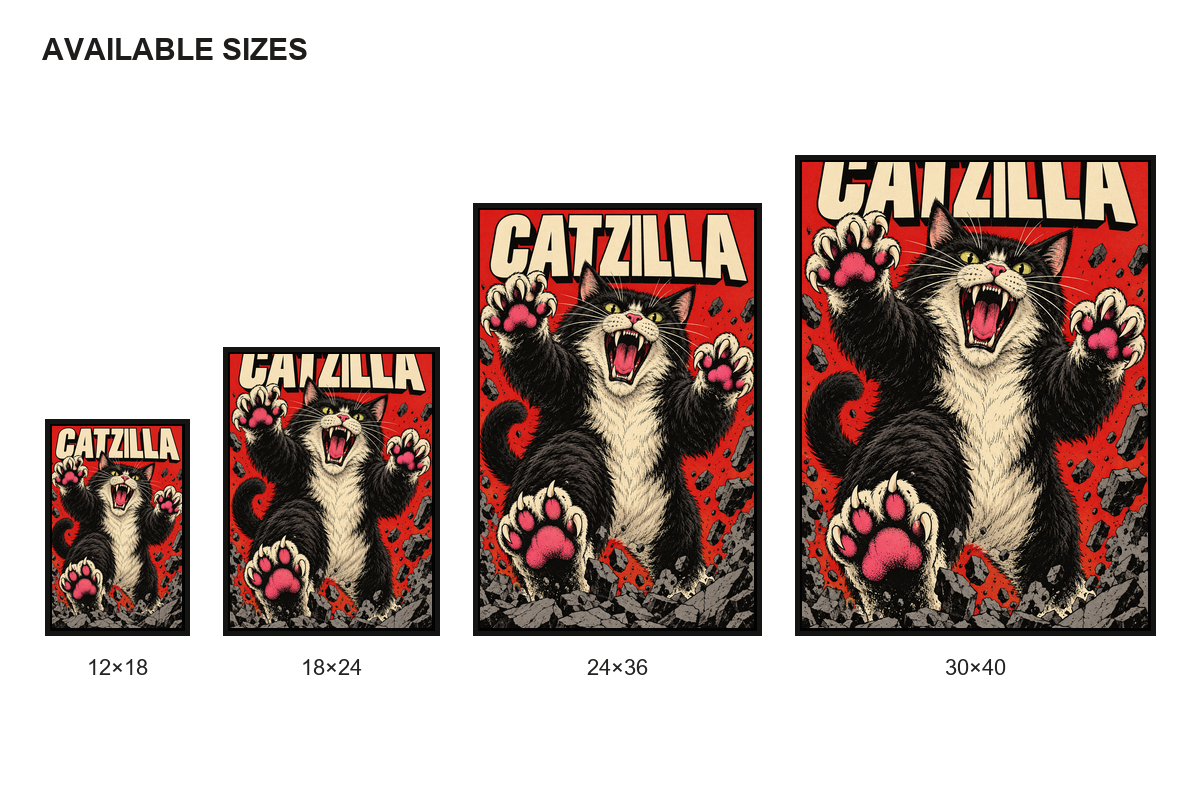 CATZILLA Cat Kaiju Comic Canvas Wall Art size comparison guide
