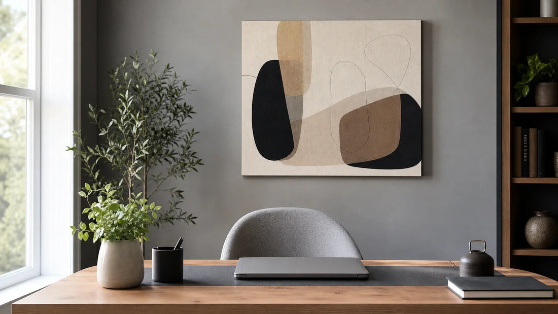 office wall decor ideas with neutral canvas art for video calls