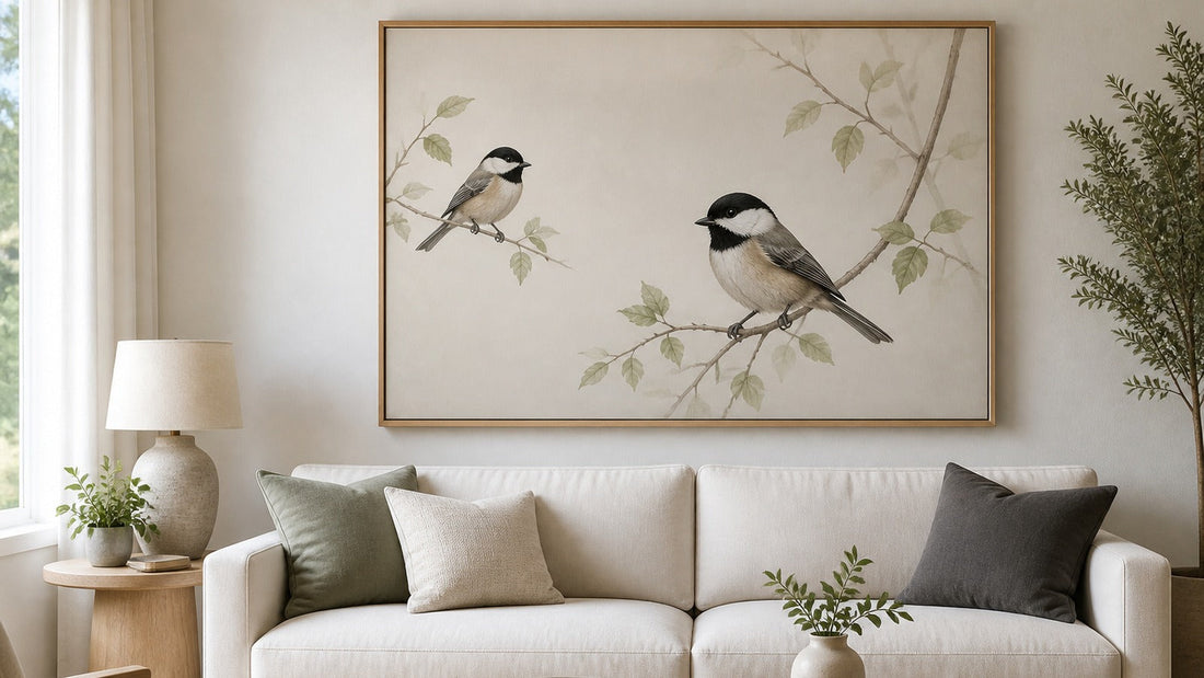 Conceptual interior illustration with bird canvas wall art, shown for styling inspiration rather than an exact purchasable product.