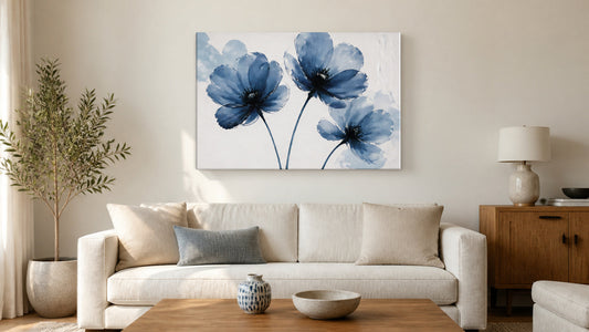 Blue and white floral canvas wall art balanced with cream upholstery and warm wood