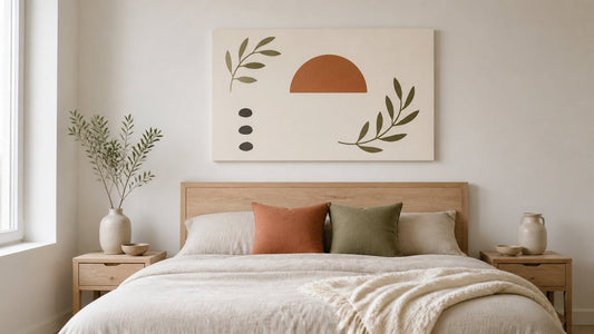 Conceptual room illustration: bedroom above-bed calm focal point. Not an exact product for sale.