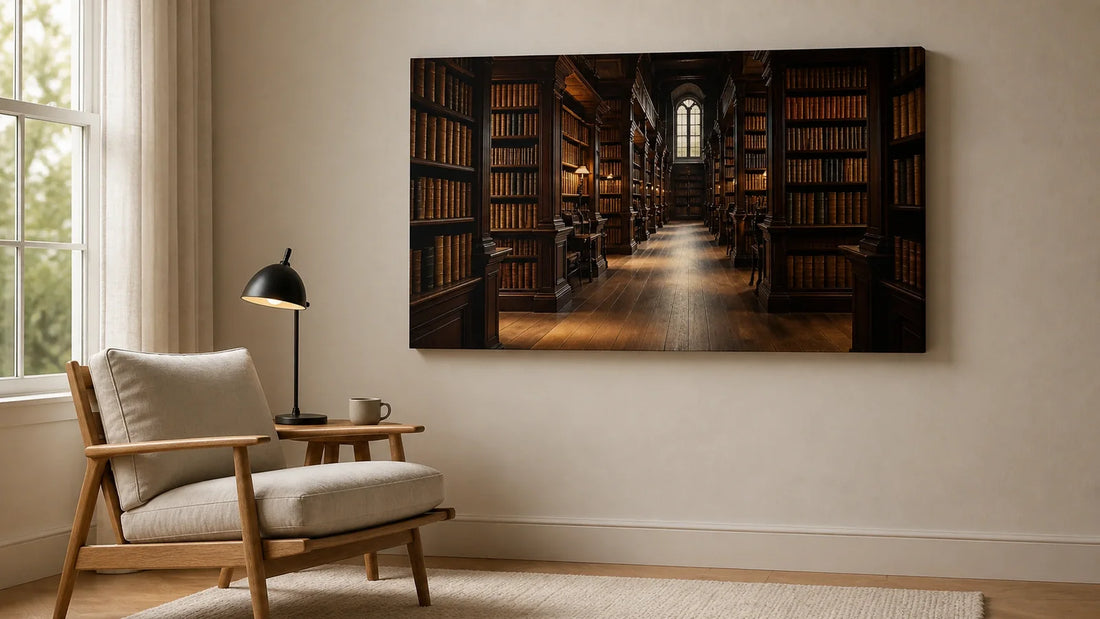 Library canvas wall art in a bright neutral reading corner with warm wood furniture