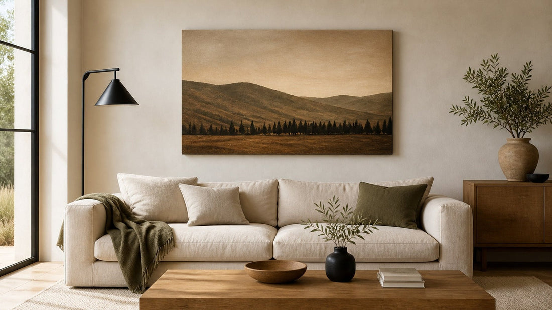 Conceptual interior illustration for brown wall art; styling inspiration, not an exact purchasable product.