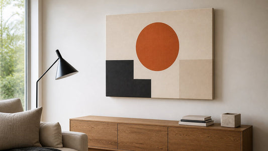 Conceptual interior illustration for circular motif canvas wall art; styling inspiration, not an exact purchasable product.