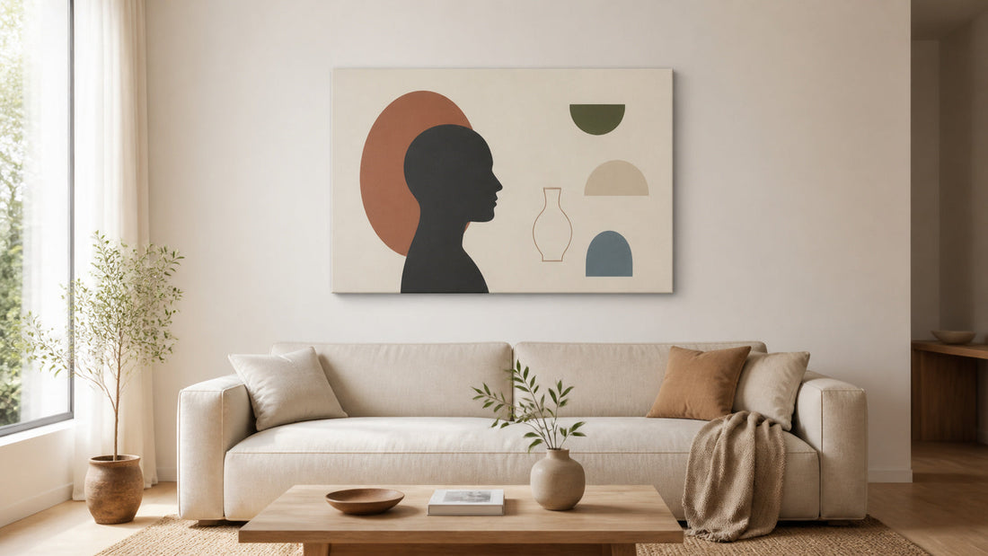 Conceptual room illustration for collage wall art; styling inspiration, not an exact purchasable product.