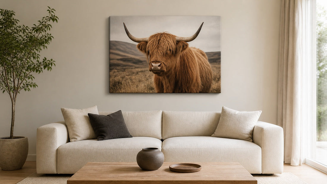Conceptual room illustration with cow canvas wall art for styling inspiration, not an exact purchasable product.
