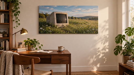 Concept illustration of CRT computer artwork in a nature-inspired home office; not a product photograph