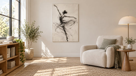 Concept room illustration with charcoal-style dancer artwork; not a product photograph