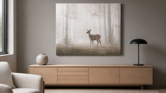 Conceptual room illustration with deer canvas wall art for styling inspiration, not an exact purchasable product.