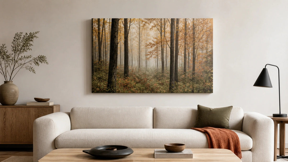Conceptual interior illustration for fall wall art; styling inspiration, not an exact purchasable product.