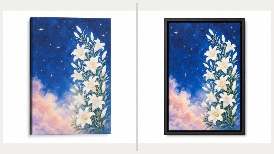 Floater frame and stretched canvas finishes shown with the same starry lily artwork