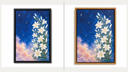 Black and brown frames compared with the same starry lily canvas artwork
