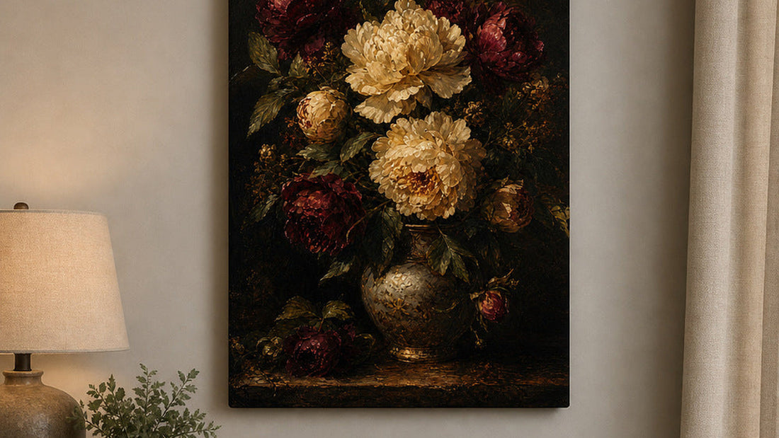 Moody floral canvas wall art in a softly lit neutral room