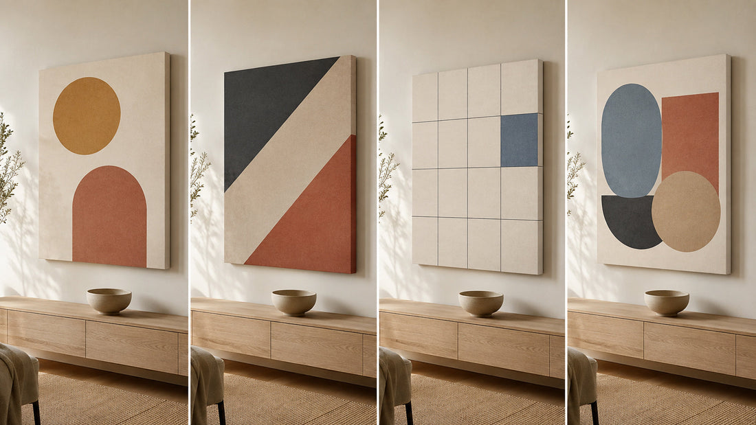 Four geometric printed canvas directions compared above simple furniture with circles arches angular blocks a grid and overlapping forms