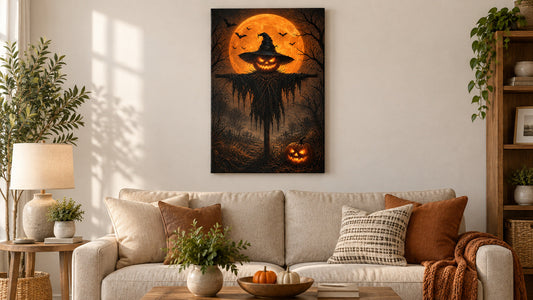 Halloween canvas wall art displayed as a seasonal focal point above a living room sofa