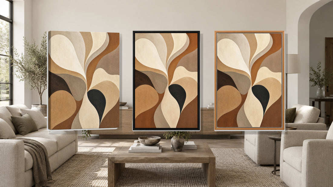Neutral abstract canvas shown in stretched, black frame and brown frame finishes