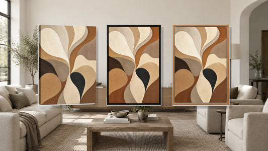 Neutral abstract canvas shown in stretched, black frame and brown frame finishes
