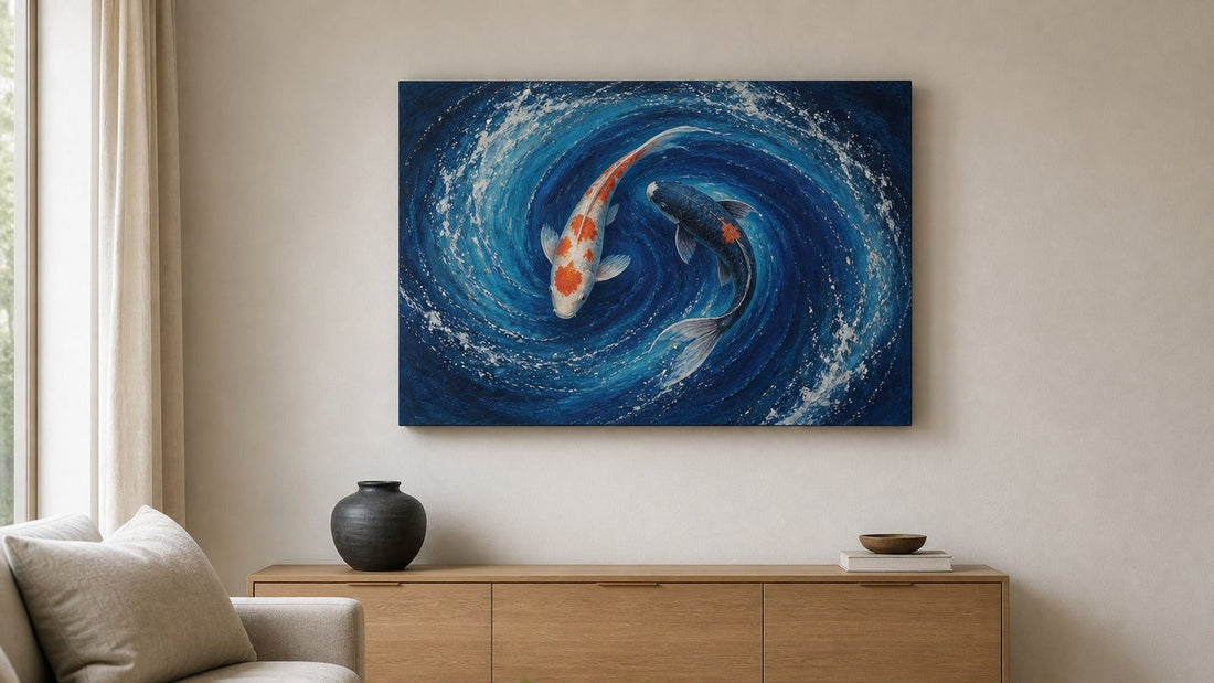 Conceptual interior illustration with koi canvas wall art, shown for styling inspiration rather than an exact purchasable product.