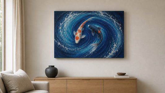 Conceptual interior illustration with koi canvas wall art, shown for styling inspiration rather than an exact purchasable product.